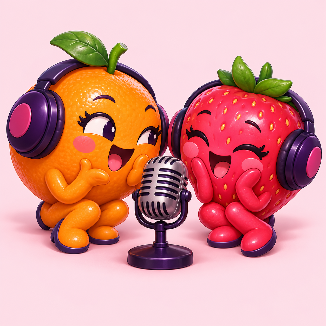 Una china y una fresa sonrientes, con audífonos, conversan frente a un micrófono.